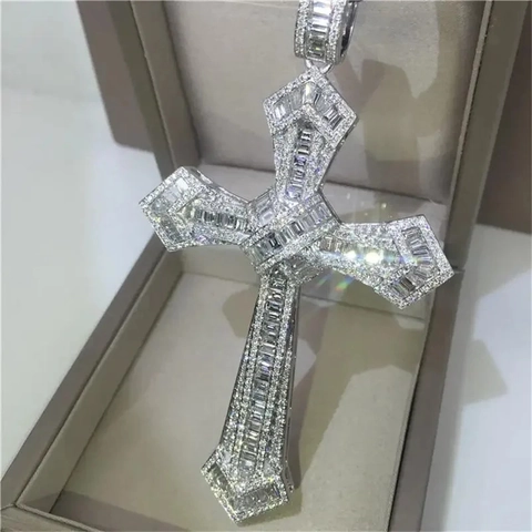 Luxury Iced Out Cross Pendant Necklace Copper Square Cut Zircon Hip Hop Fashion Jewelry For Men With Long Rope Chain