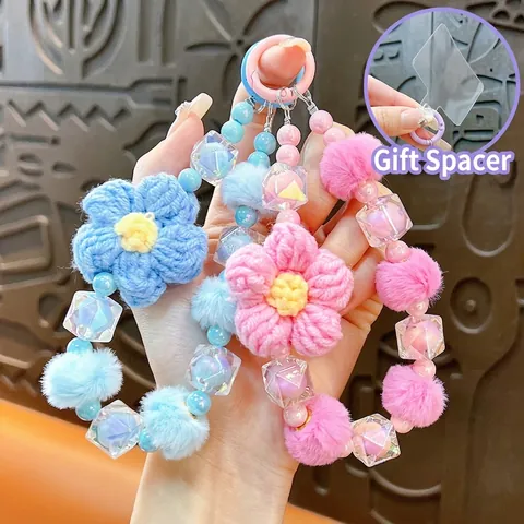 Handmade Crochet Flower Beaded Phone Charm Kawaii Acrylic Beads Plush Pom Pom Keychain For Women Bag Charm Strap Accessory
