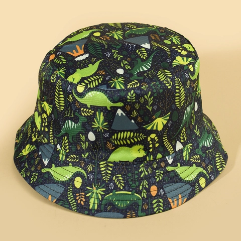 Cappello Da Pescatore Reversibile Stampa Dinosauro Cartone Animato Protezione Solare Cupola Piatta Per Donne