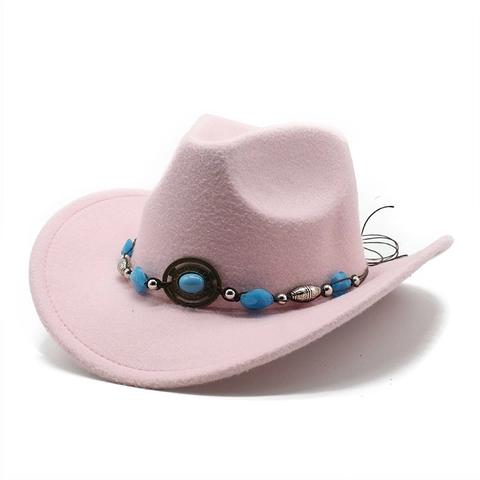 Western Cowboy Hat Wool Felt Ethnic Band Turquoise Beads Wide Curved Brim Vintage Jazz Fedora For Men Women