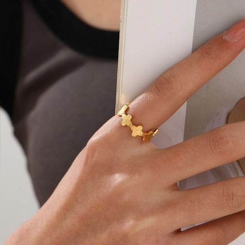 Anillo Acero Inoxidable Chapado Oro 18K Martillado Geométrico Trébol Ajustable Abierto Minimalista Retro Joyas Mujer