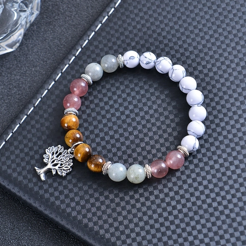 Natural Stone Beaded Bracelet With Tree Of Life Pendant Moonstone Tiger Eye White Turquoise Beads For Unisex Jewelry Gift
