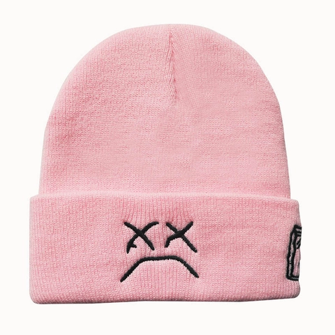 Unisex Winter Warm Knit Beanie Crying Face Embroidery Pull On Cuff Hat Casual Outdoor Solid Color Woolen Cap