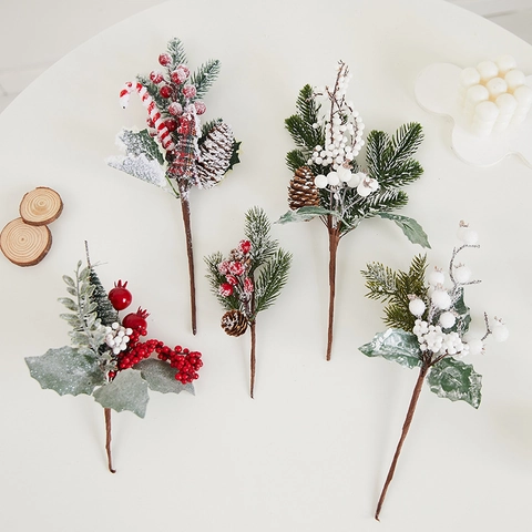 Artificial Christmas Pine Branches Picks With Pine Cones Red Berries Snow Flocked For Holiday Tree Floral Arrangements Decor