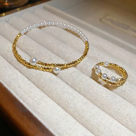 Artificial Pearl Beaded Bracelet And Ring Gold Plated Copper Faceted Beads Layered Wrap Elegant Jewelry For Women