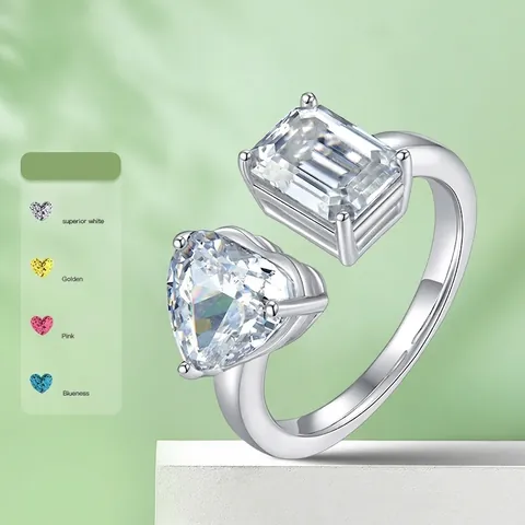 S925 Sterling Zilveren Moissaniet Ring Hart Smaragd Slijpvorm Toi Et Moi Verstelbare Open Ring Voor Vrouwen Sieraden Cadeau