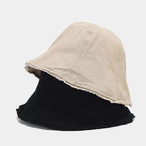 Cotton Canvas Bucket Hat Frayed Edge Vintage Streetwear Sun Protection Breathable Solid Color Fisherman Hat Unisex