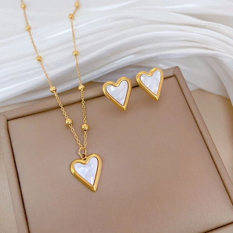 Collana Con Pendente A Cuore E Orecchini In Acciaio Inossidabile Madreperla Intarsiata Gioielli Eleganti Minimalisti Per Donna