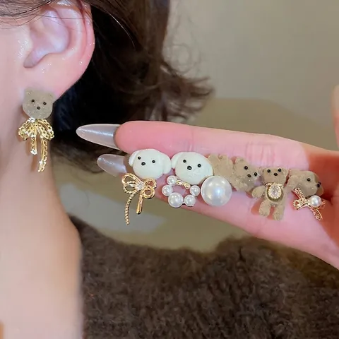 Oso Cachorro Flocado Collar Pendientes Anillo Perla Artificial Aleación 925 Sterling Silver Earring Post Diamante Lindo Chapado Oro