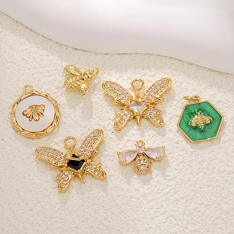 Bee Butterfly Shape Pendant Charm Gold Plated Copper With Zircon And White Shell DIY Jewelry Finding
