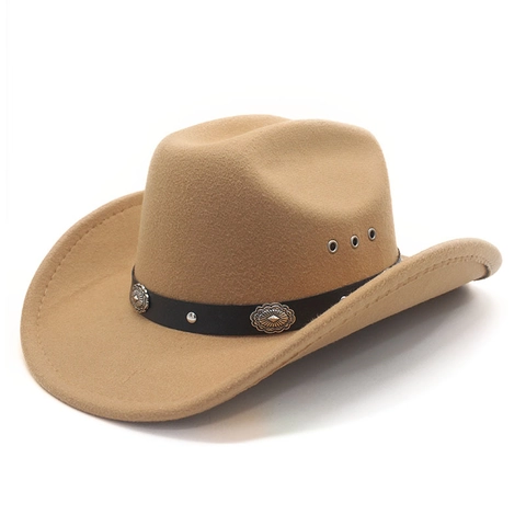 Vintage Western Cowboy Hat Cotton Polyester Felt Wide Brim With Metal Conchos Decorative Band For Men Women
