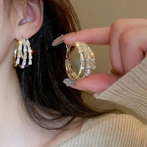 Alloy Crystal Hoop Earrings With Silver Earring Post Layered Baguette Geometric Gold Plated Luxury Style For Women