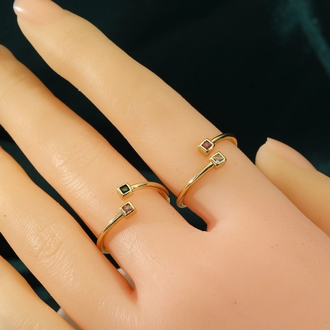 Adjustable Open Ring For Women Square Colorful Zirconia Gold Plated Copper Geometric Minimalist Jewelry