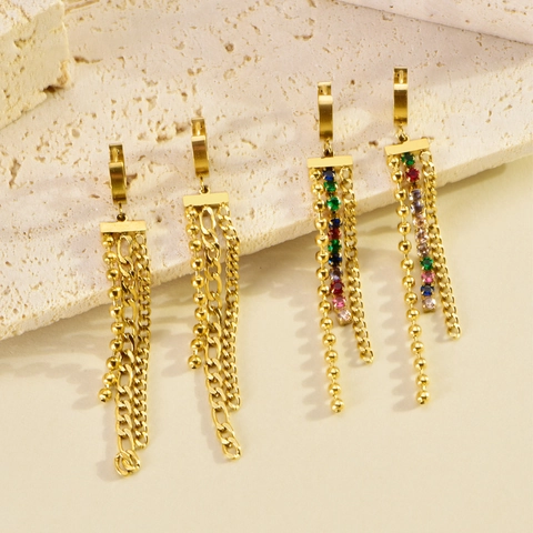 Stainless Steel Long Tassel Hoop Earrings Gold Plated Rhinestone Chain Dangle Earrings For Women Fashion Jewelry Accessory