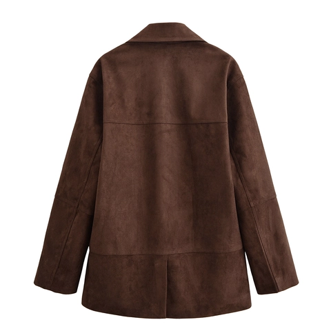 Chaqueta Americana De Gamuza Sintética Para Mujer Color Sólido Elegante Manga Larga Cuello De Traje Con Bolsillos Con Solapa