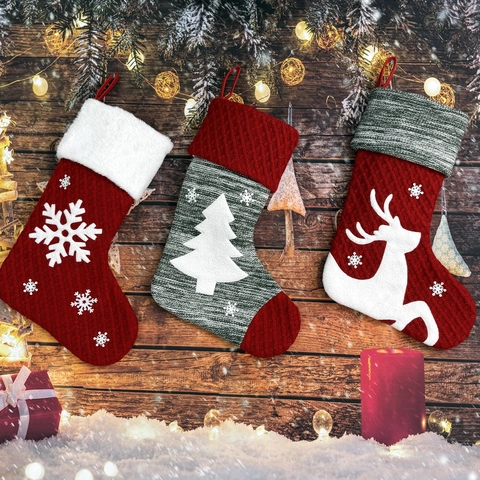 Chaussettes De Noël Tricotées Motifs Renne Flocon De Neige Arbre Bordure Fausse Fourrure Sacs Cadeaux Décorations De Fête
