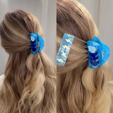 Pinces À Cheveux En Acétate Bleu Marbre Motif Nuage Éclair Shark Clips Coréen Minimaliste Pour Femmes