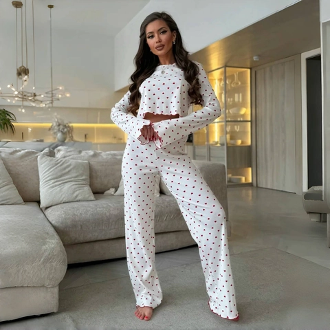 Women Ribbed Knit Polyester Spandex Pajamas Lettuce Edge Long Sleeve Top And Pants Cherry Heart Print Loungewear