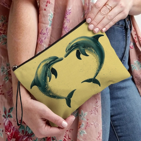 Makeup Bag Linen Canvas Zipper Cosmetic Pouch With Wrist Strap Printed Heart Dolphin Pattern Travel Daily Organizer