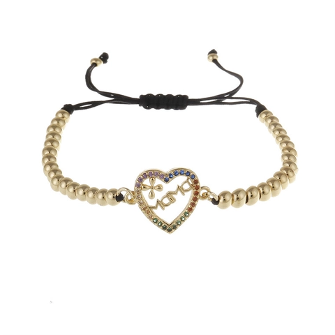 MAMA Heart Bracelet Copper Gold Plated Micro Inlaid Zircon Adjustable Braided Rope Mother Day Gift Women Jewelry