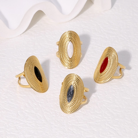 Vintage Ovaler Emaille Ring 18K Vergoldeter Edelstahl Verstellbarer Breiter Band Bohemian Schmuck Für Damen