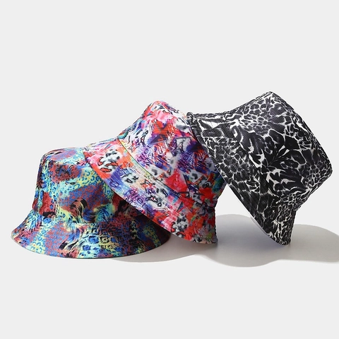 Reversible Cotton Canvas Bucket Hat Graffiti Plaid Animal Print Foldable Sun Protection Streetwear Cap Unisex
