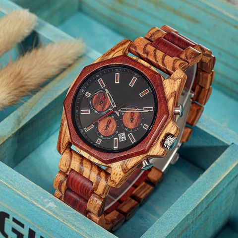 Reloj de Cuarzo de Madera Octogonal Retro para Hombre Cronógrafo Multifuncional Con Calendario Reloj de Pulsera de Madera Artesanal