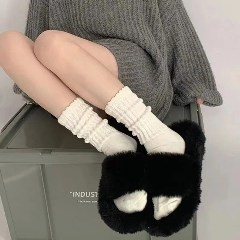 Women Mid Calf Slouch Socks Coarse Ribbed Knit Solid Color Fashion Casual Minimalist Pile Socks