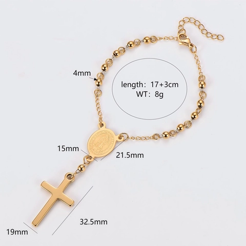 304 Roestvrij Stalen Rozenkrans Armband Met Maagd Maria Medaille En Kruis Hanger Religieuze Verstelbare Sieraden Goudkleur