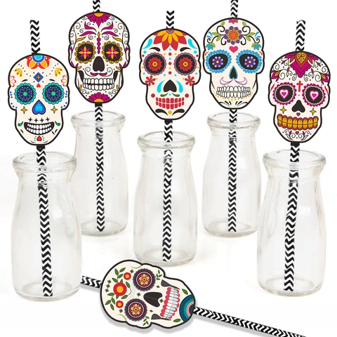 Day Of The Dead Paper Straws With Sugar Skull Toppers Colorful Biodegradable Striped Drinking Straws Halloween Party Decorations