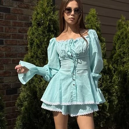Women Off Shoulder Puff Sleeve Smocked Top And Lace Trim Shorts Sweet French Style Solid Color Casual Outfit