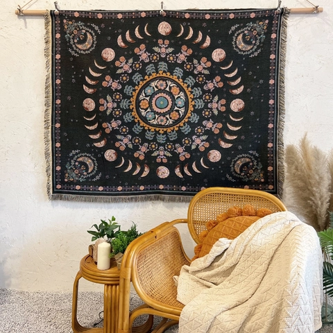 Bohemian Cotton Woven Throw Blanket Mandala Moon Phase With Tassels For Camping Sofa Picnic Wall Hanging Tapestry