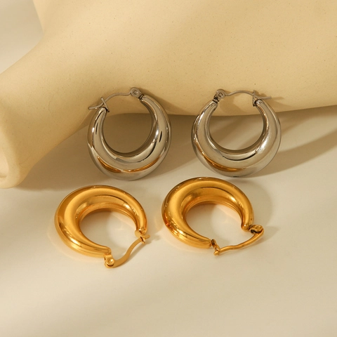 Orecchini A Cerchio Spessi Acciaio Inossidabile Placcato Oro 18K Geometrico Goccia Cavo Lucidato Minimalista Per Donne