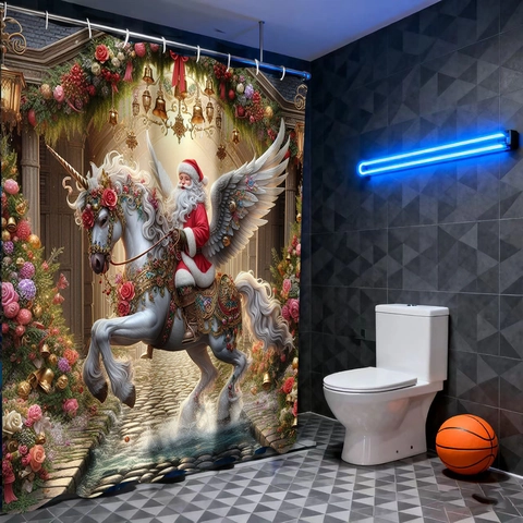 Christmas Shower Curtain Waterproof Polyester Fabric Santa Claus Riding Winged Unicorn Pegasus With Hooks For Bathroom Holiday