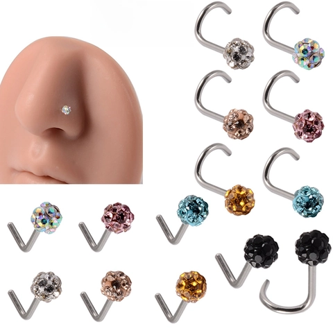 Piercing de Nariz de Acero Inoxidable con Bola de Strass de Pavé Forma de L Forma de S 20G Joyería de Piercing Minimalista para Mujer Hombre