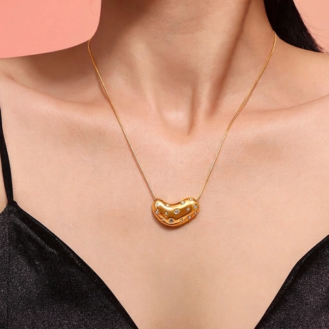 Stainless Steel Bean Pendant Necklace With Artificial Pearl Rhinestone For Women Vintage Geometric Heart Chain Jewelry Gift