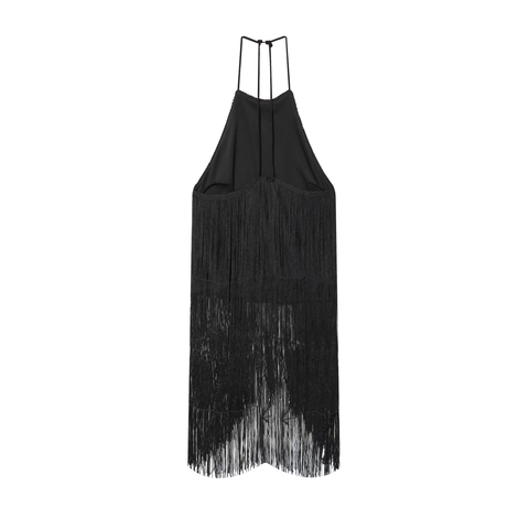Sexy Halter Neck Tassel Mini Dress Women Sleeveless Backless Fringe Party Evening Clubwear Solid Black Polyester