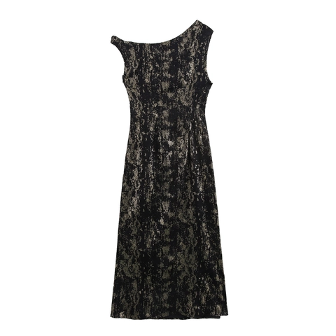 Asymmetrisches Ärmelloses Maxikleid Metallic Goldprägung Abstrakt Sexy Schlanke Passform Abendparty Elegant Damen