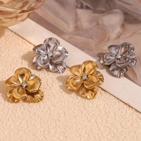 Vintage Layered Flower Stud Earrings Stainless Steel 18K Gold Plated Rhinestone Elegant Jewelry For Women