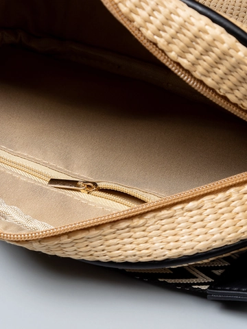 Women's Bohemian Straw Woven Shoulder Bag With Wide Jacquard Strap PU Leather Trim Small Square Crossbody Bag For Vacation Travel