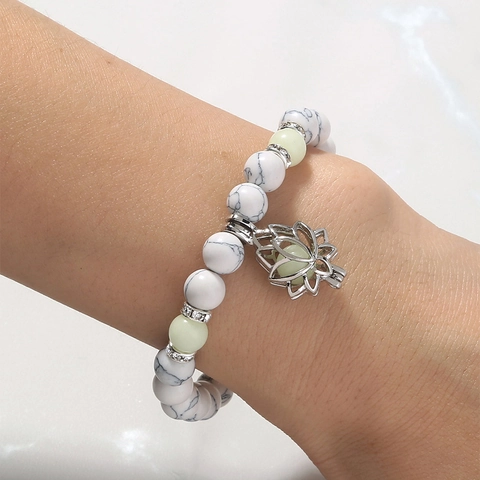 Pulsera De Cuentas De Loto Luminosa Que Brilla En La Oscuridad Piedra Turquesa Blanca Yoga Meditación Joyería Para Mujer