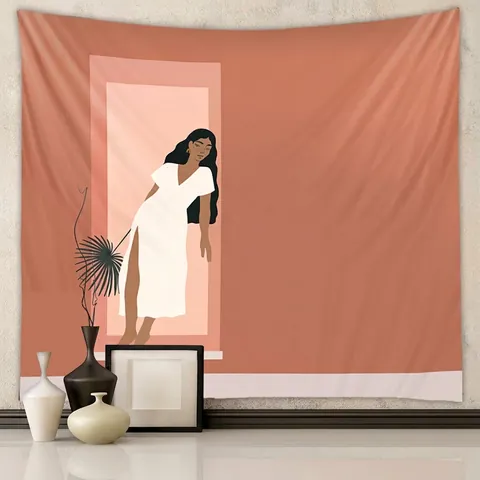 Polyester Wall Tapestry Brushed Short Plush Bohemian Abstract Art Desert Sunset Female Illustration Hanging Cloth