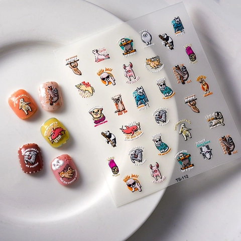 Cute Cartoon Animal Nail Art Stickers Self Adhesive 5D Embossed Rabbit Panda Dog Patterns Waterproof DIY Manicure Decals