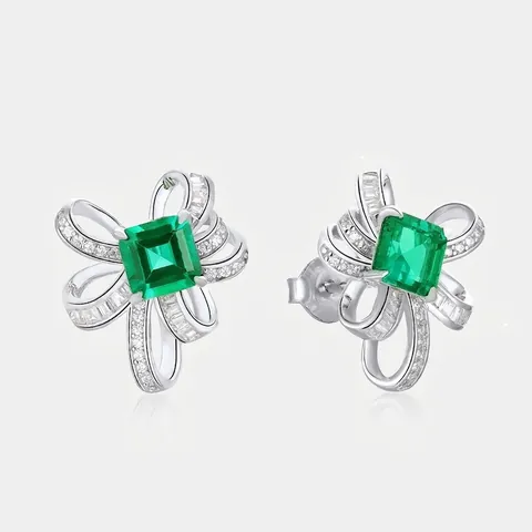 Orecchini a Bottone a Fiocco in Argento Sterling 925 Con Smeraldo Creato in Laboratorio E Zirconia Gioielli Eleganti per Donna Regalo Nozze