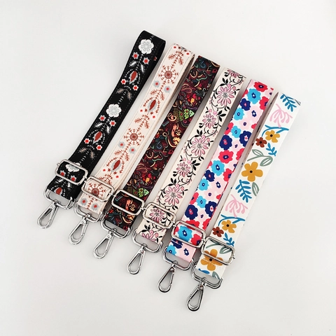 Adjustable Replacement Bag Strap Printed Polyester Fabric Ethnic Floral Pattern Crossbody Shoulder Bag Straps Metal Buckles
