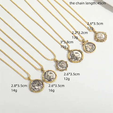 Vintage Antike Münzrelief Porträt Anhänger Kette Für Damen Kupfer Galvanisiert Tordierte Kette Strass Künstliche Perle Halskette
