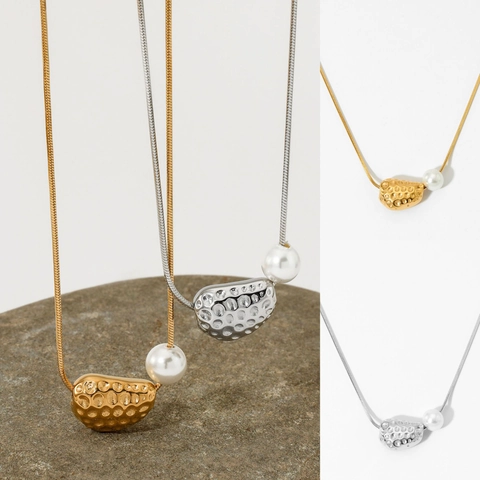 Collar Con Colgante De Acero Inoxidable 316 Forma De Corazón Martillado Irregular Con Perla Artificial Joyería Moderna Para Mujer