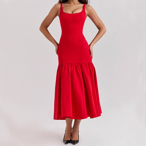 Rotes Maxikleid Mit Eckigem Ausschnitt Ärmellos Rückenfrei Elegant Damen Abendparty Eng Anliegend Polyester Meerjungfrauen Saum