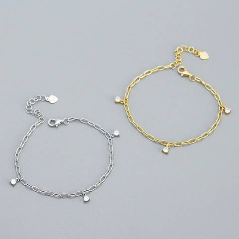 Pulsera de Amuletos de Plata de Ley S925 con Diamantes de Imitación para Mujer Cadena de Eslabones Colgante de Corazón