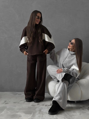 Felpa In Pile Polare Con Mezza Zip Da Donna E Pantaloni A Gamba Larga Cuciture A Contrasto Caldo Misto Cotone Casual